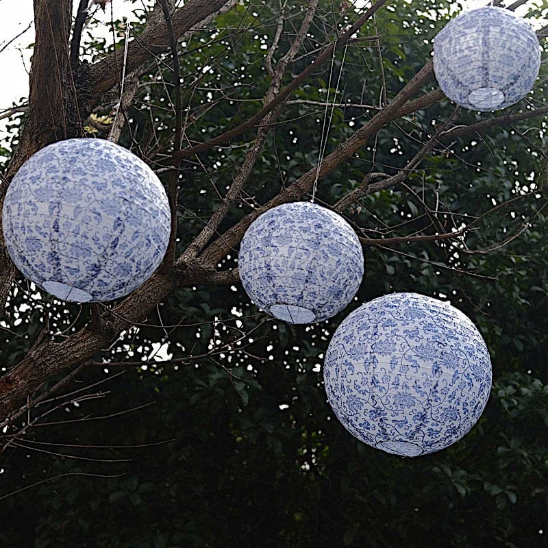 8 Chinoiserie Floral Print Hanging Paper Lanterns - White and Blue LANT_002_614_FLOR_BLUE