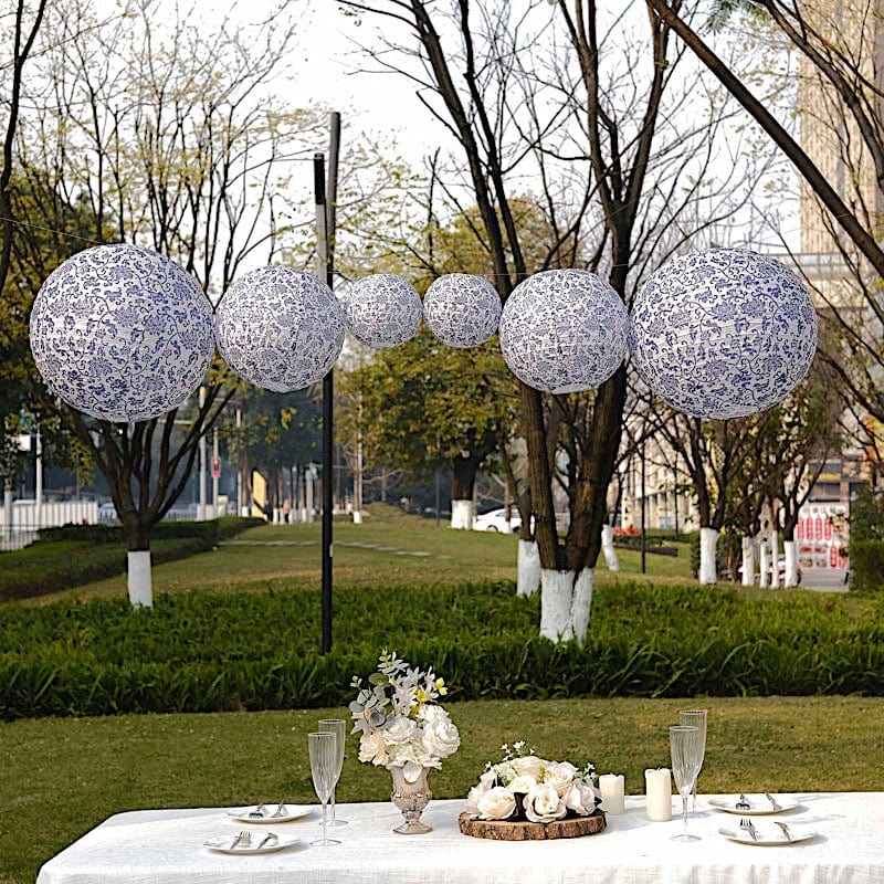 8 Chinoiserie Floral Print Hanging Paper Lanterns - White and Blue LANT_002_614_FLOR_BLUE