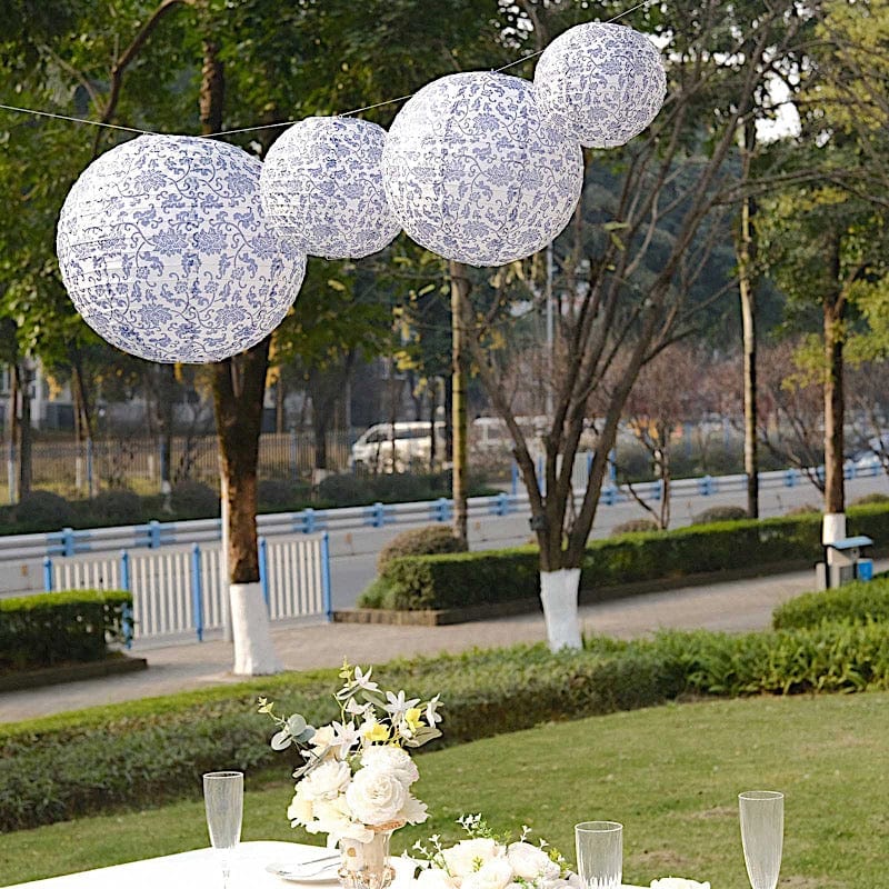 8 Chinoiserie Floral Print Hanging Paper Lanterns - White and Blue LANT_002_614_FLOR_BLUE