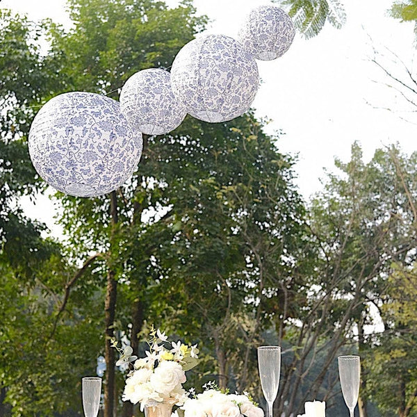 8 Chinoiserie Floral Print Hanging Paper Lanterns - White and Blue LANT_002_614_FLOR_BLUE