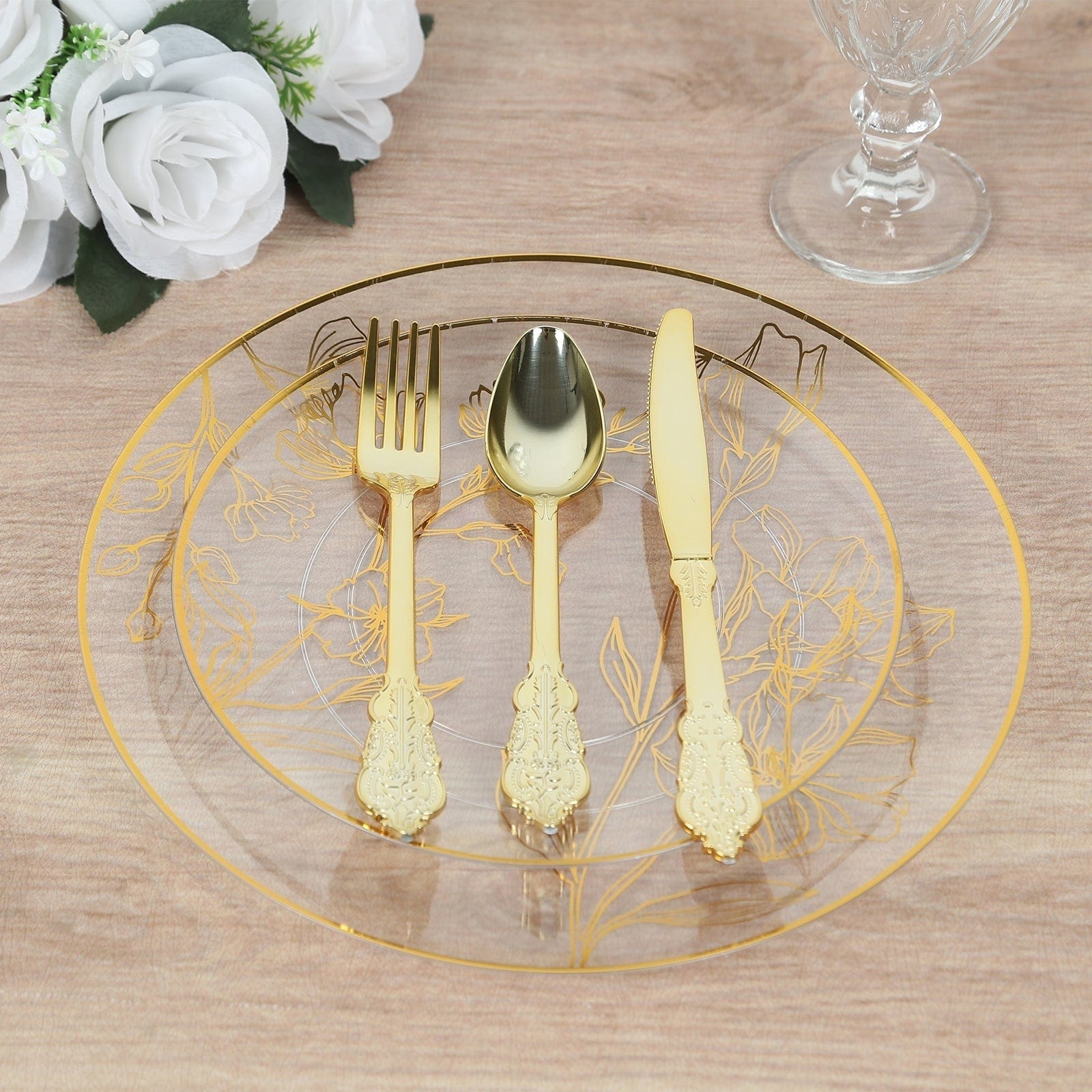 20 Round Disposable Salad and Dinner Plastic Plates with Gold Floral Design