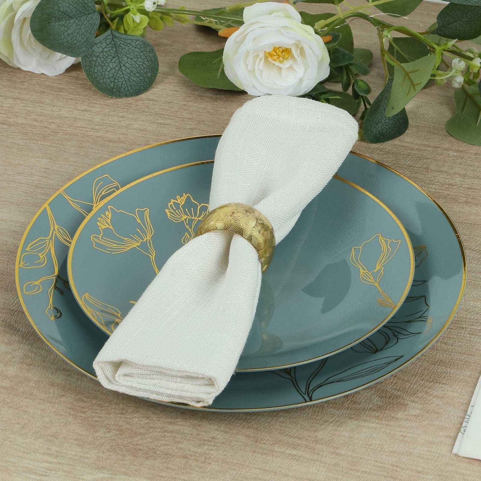 20 Round Disposable Salad and Dinner Plastic Plates with Gold Floral Design