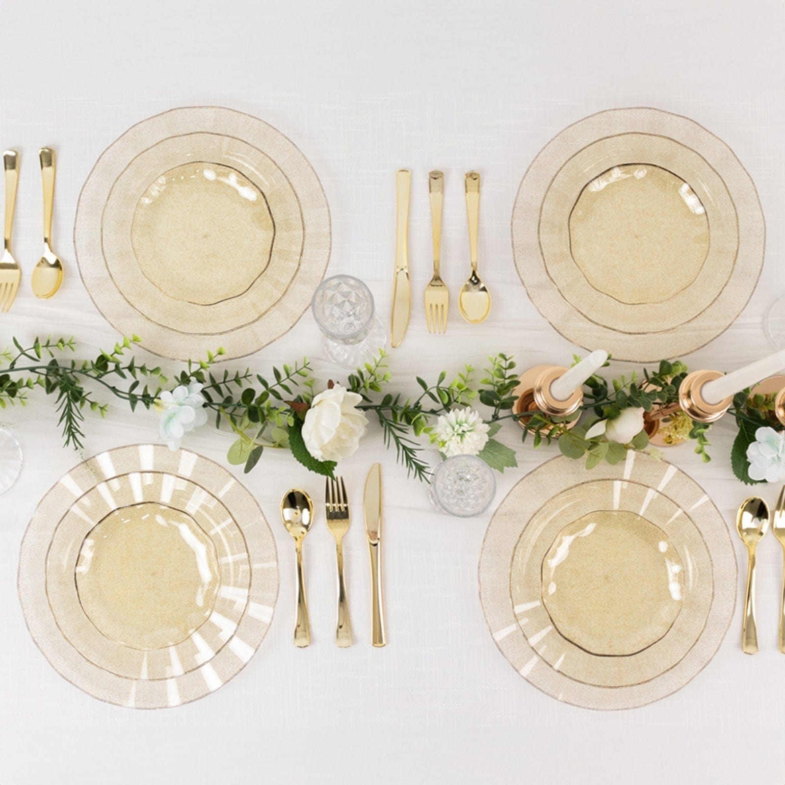 10 Round Disposable Salad Dinner Plastic Plates with Gold Wavy Trim