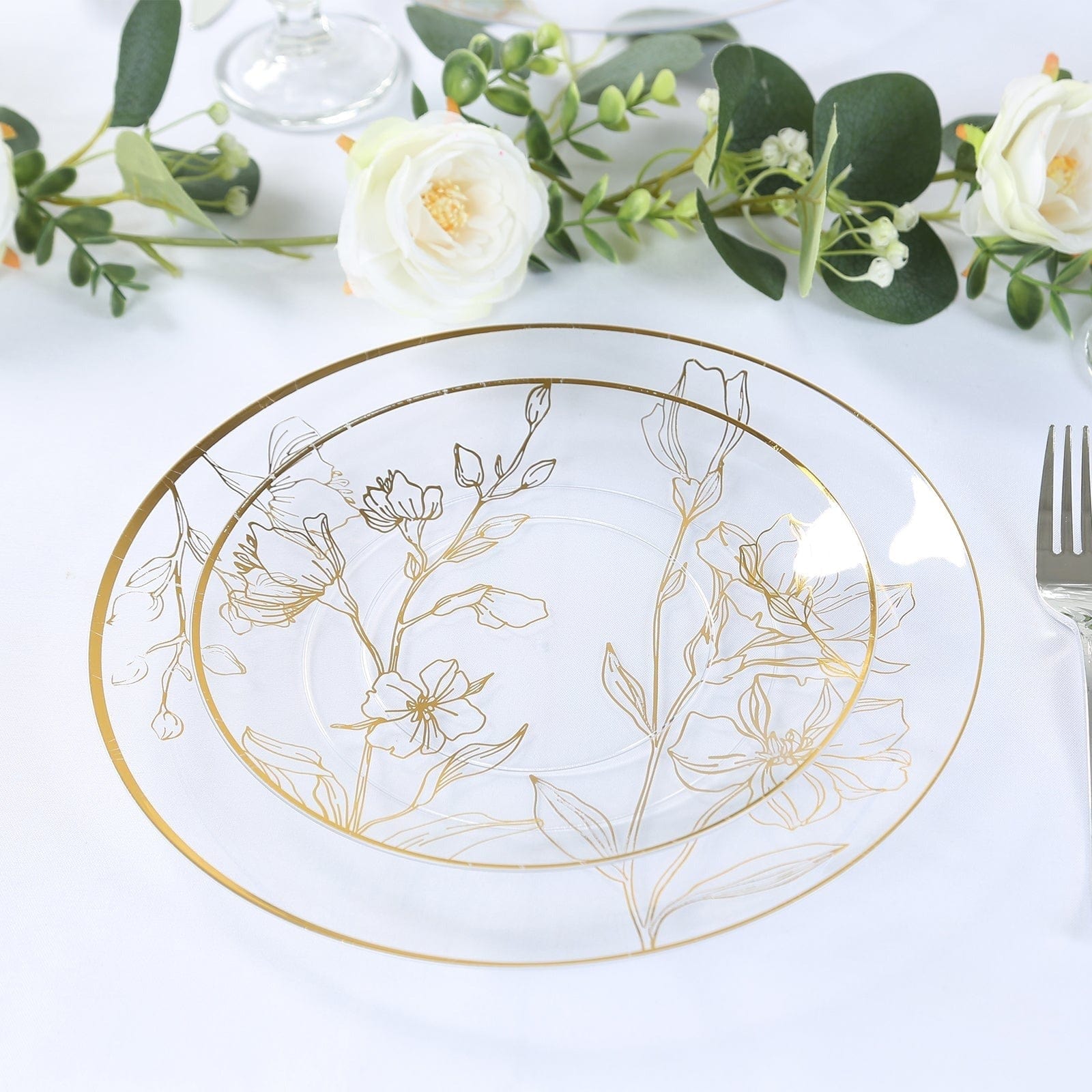 20 Round Disposable Salad and Dinner Plastic Plates with Gold Floral Design