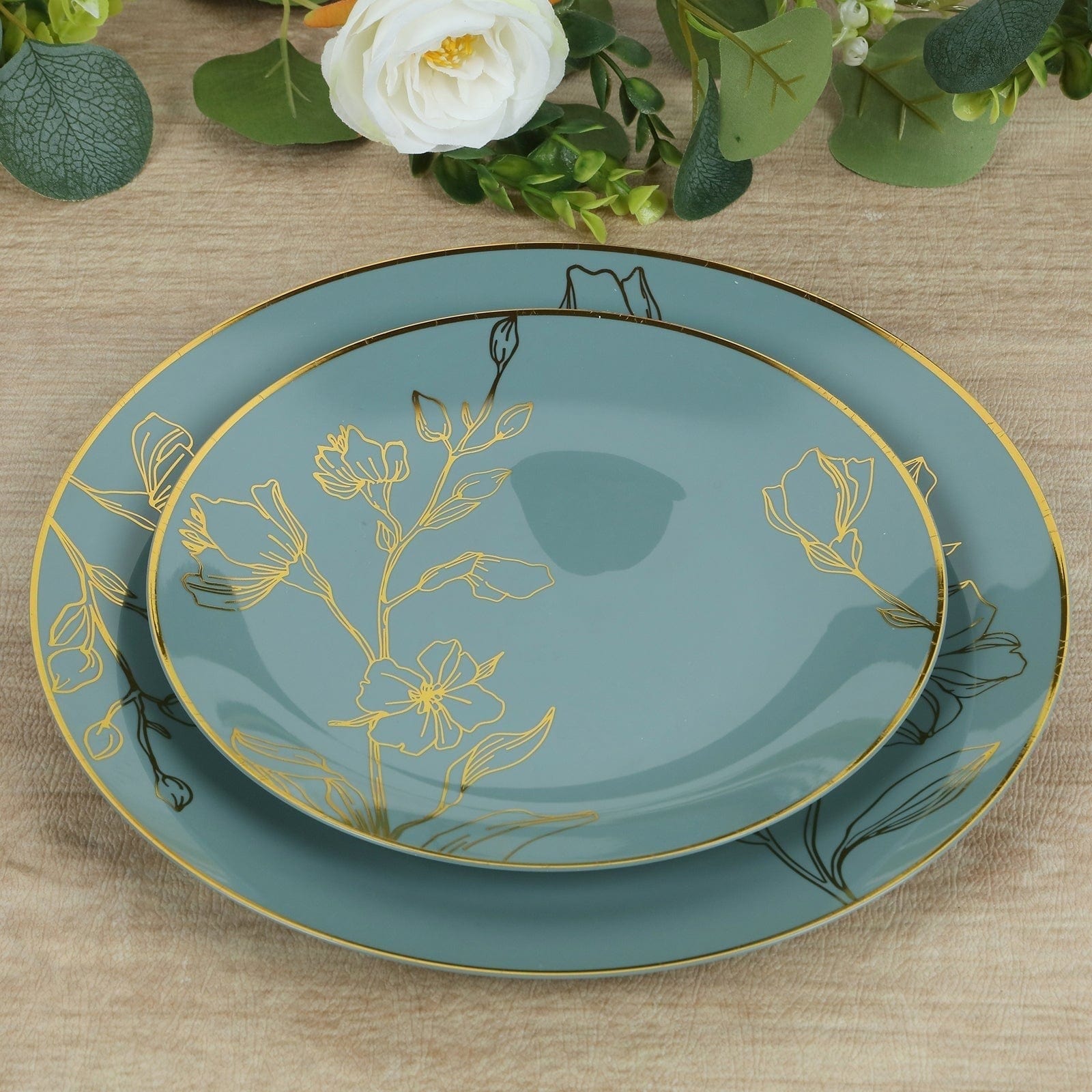 20 Round Disposable Salad and Dinner Plastic Plates with Gold Floral Design