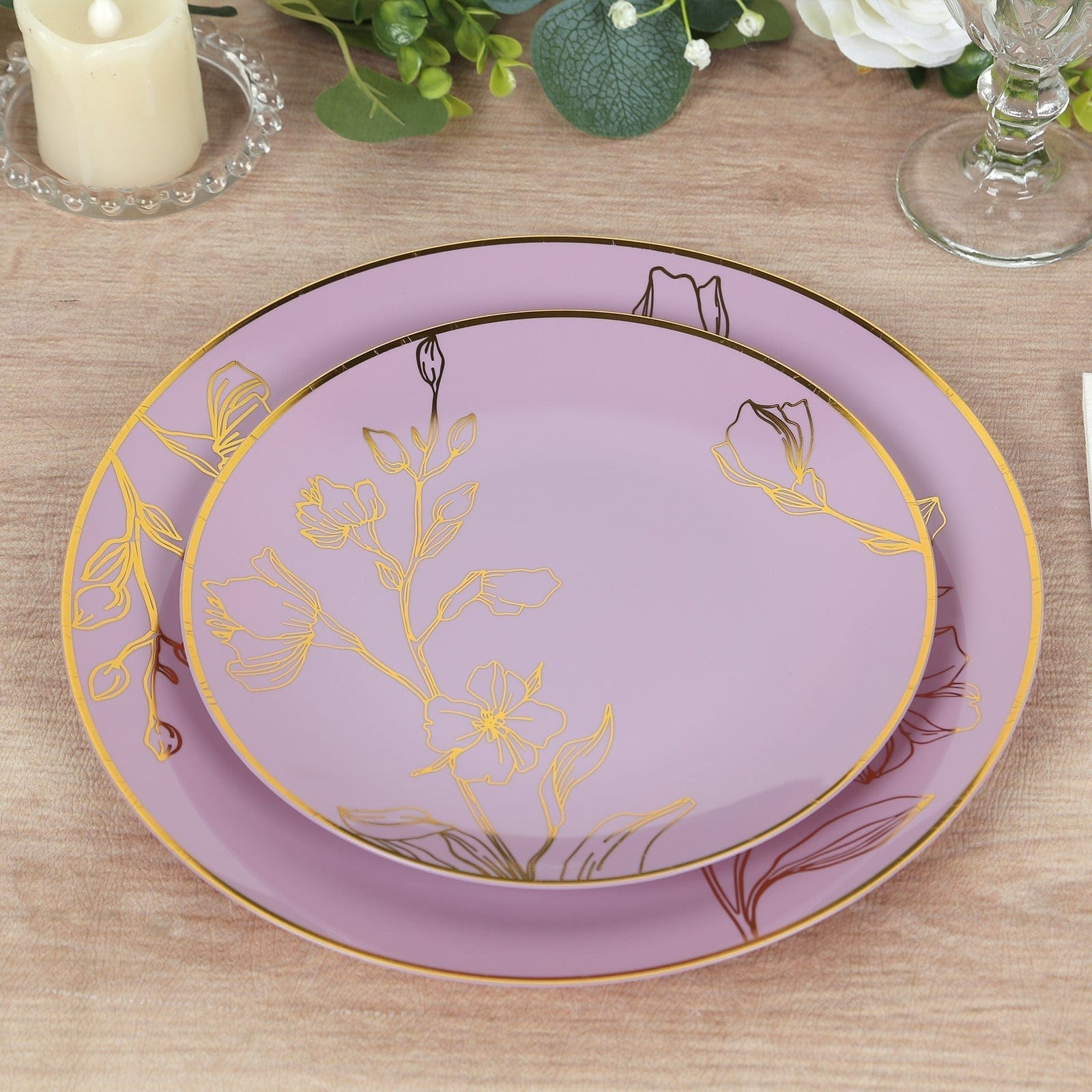 20 Round Disposable Salad and Dinner Plastic Plates with Gold Floral Design