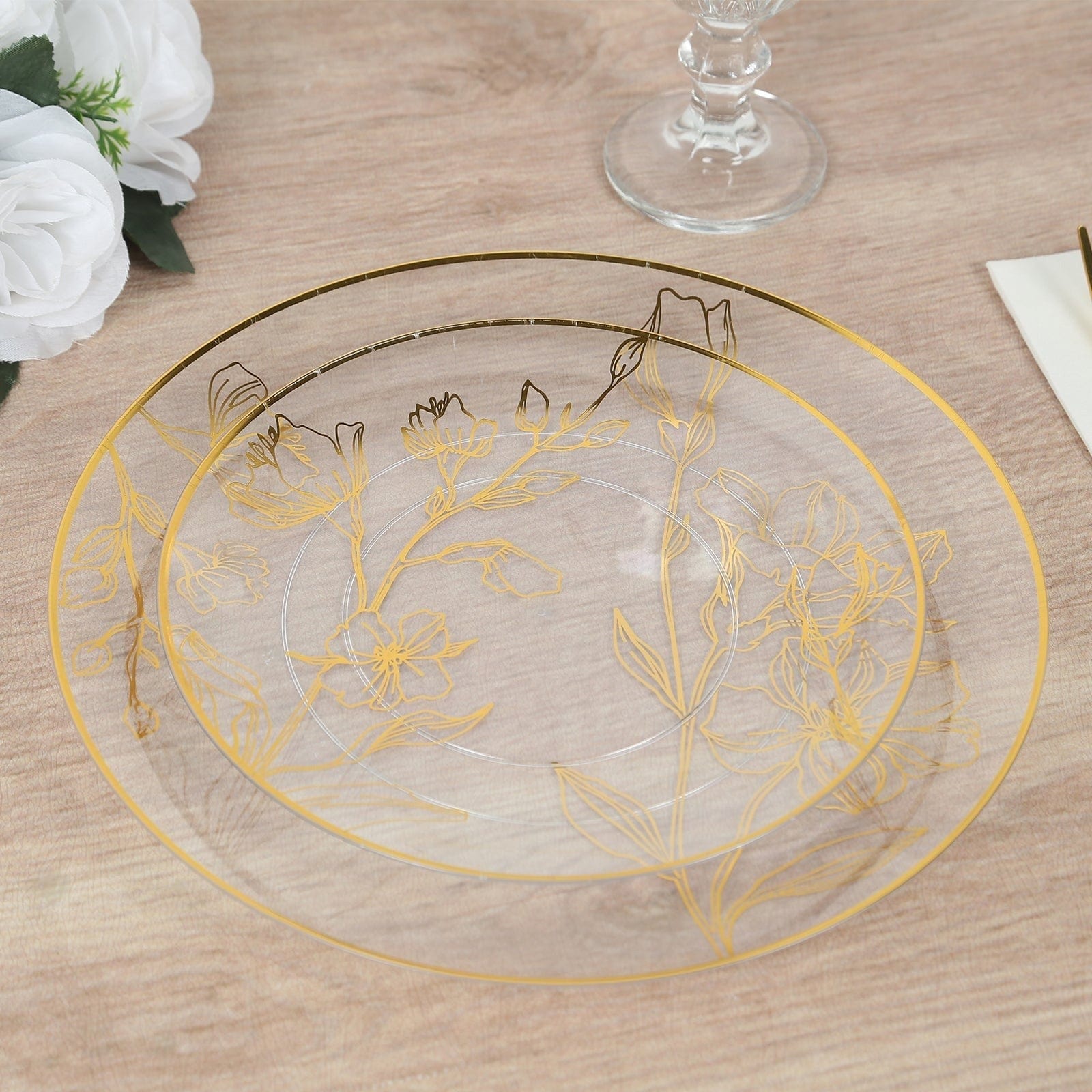 20 Round Disposable Salad and Dinner Plastic Plates with Gold Floral Design