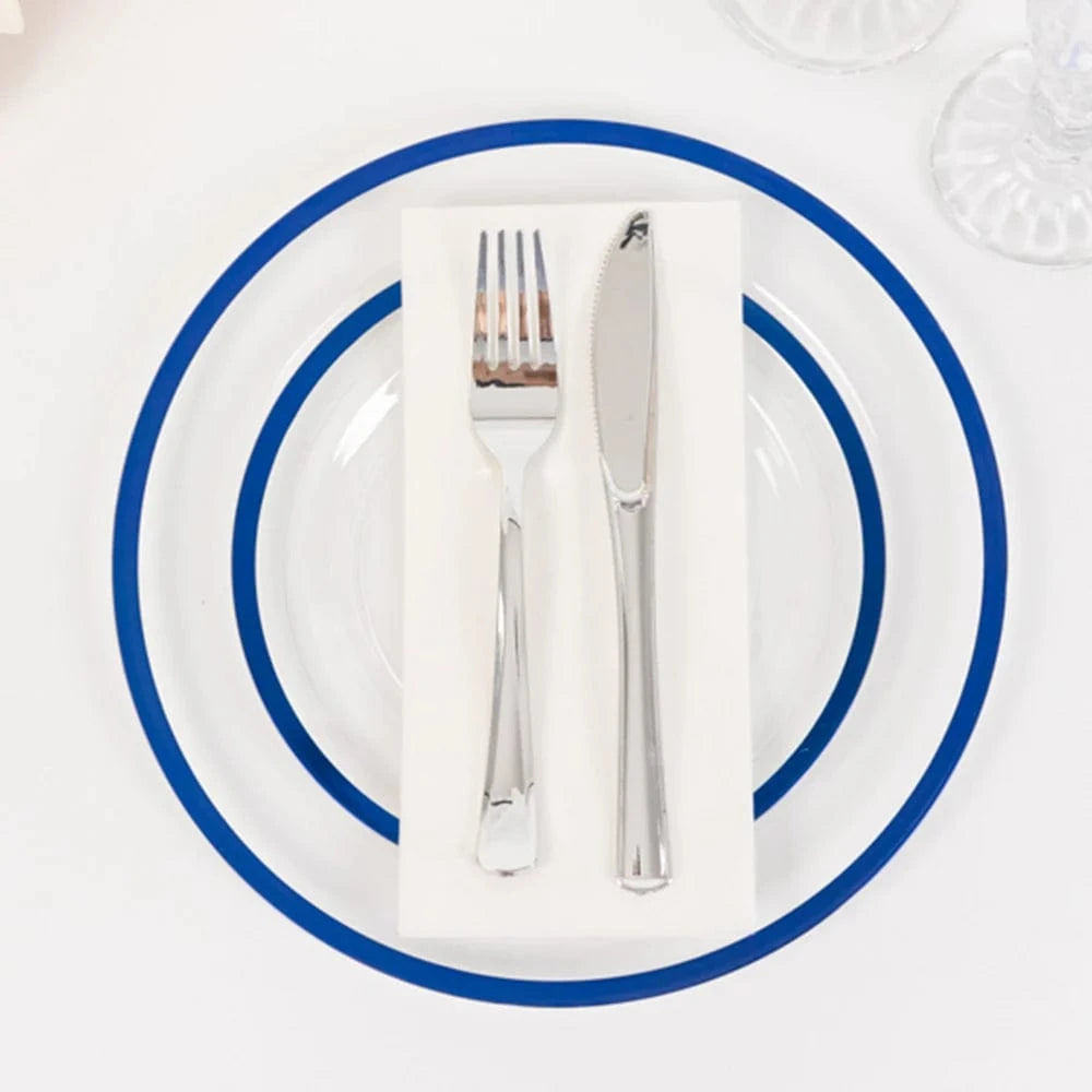 10 Disposable Round Plastic Dessert Plates with Gold Rim