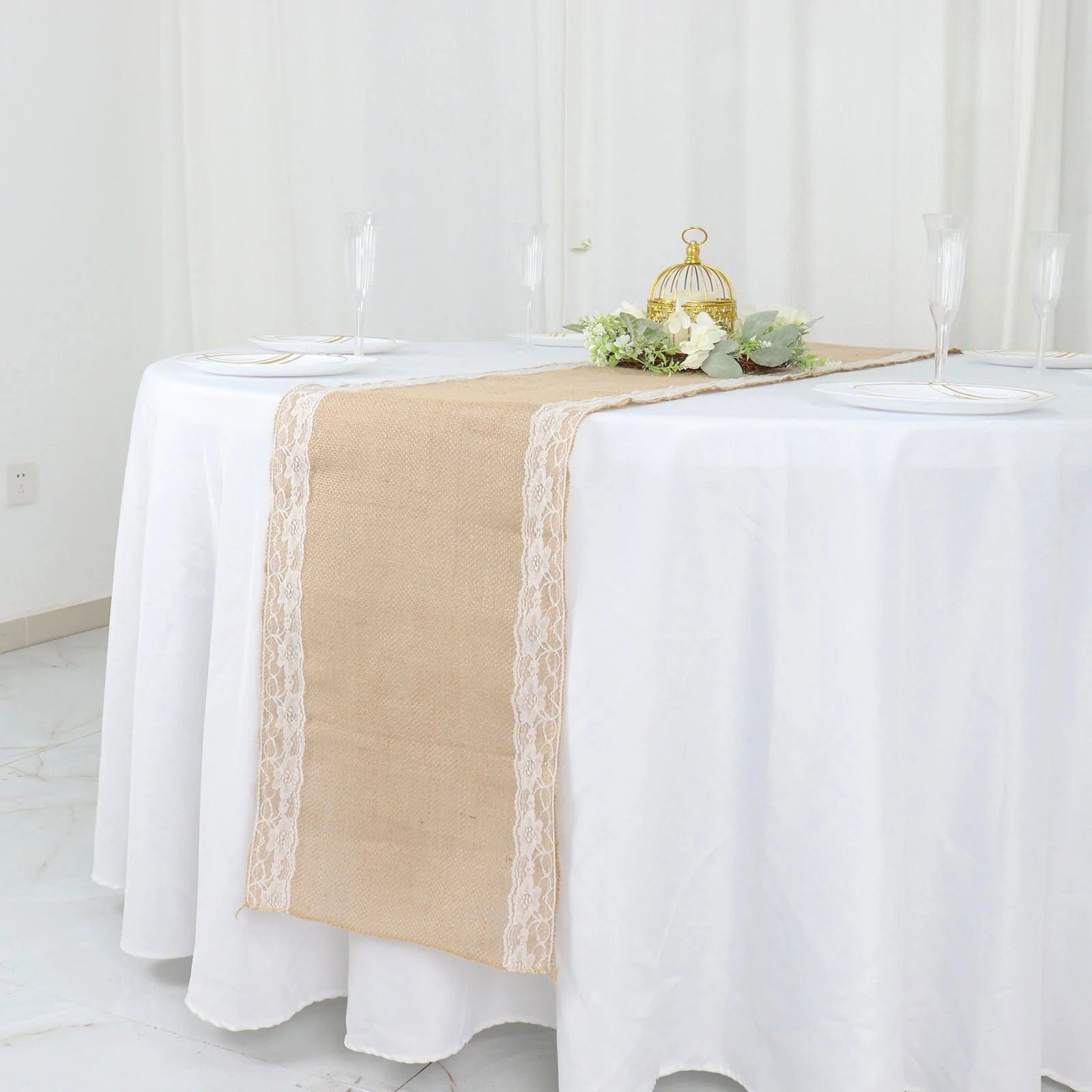 14x104 in Natural Jute Burlap Table Runner with White Lace Trim