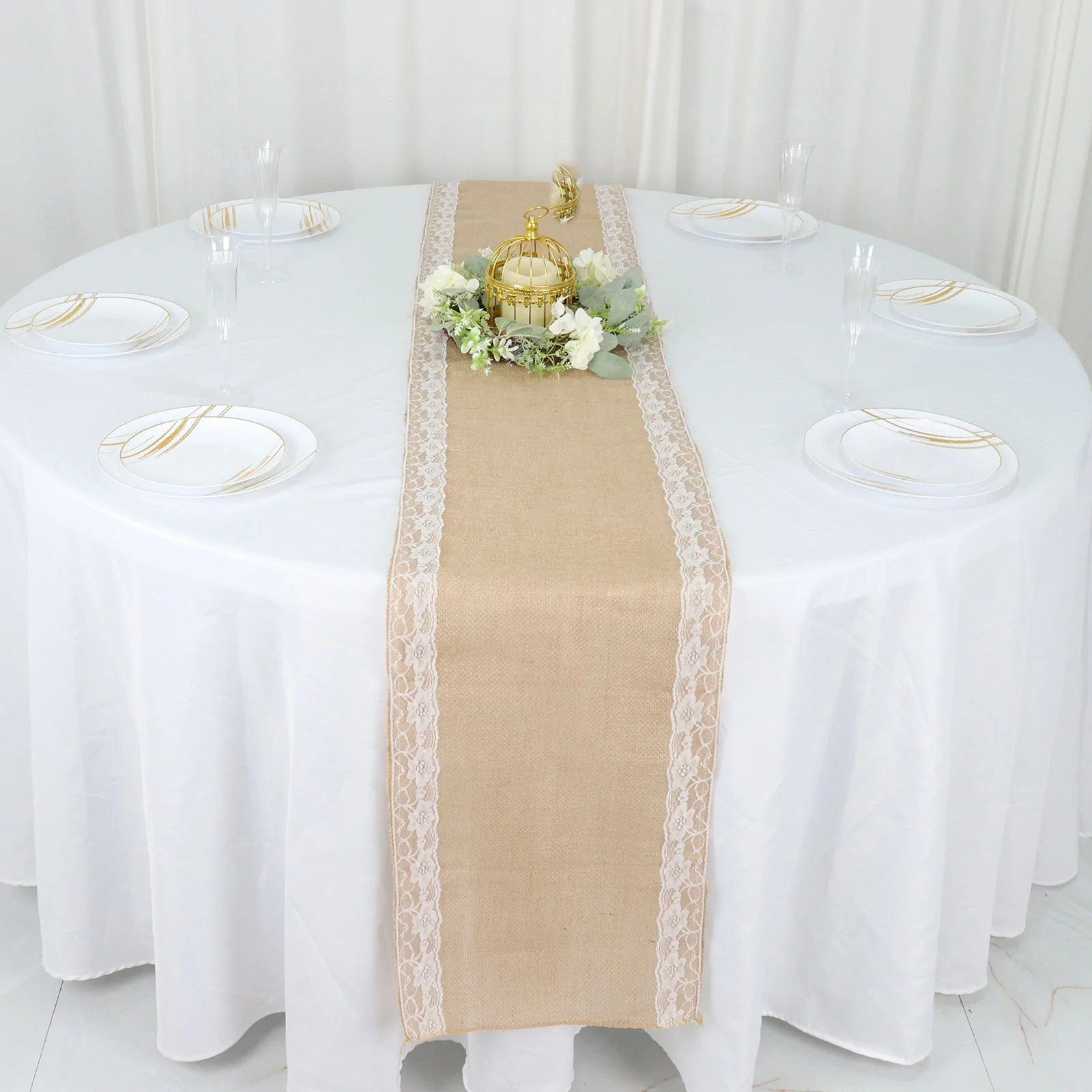 14x104 in Natural Jute Burlap Table Runner with White Lace Trim