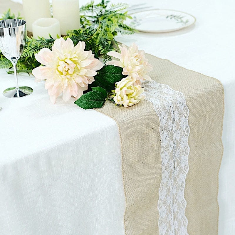 14x106 in Natural Jute Burlap Table Runner with White Lace