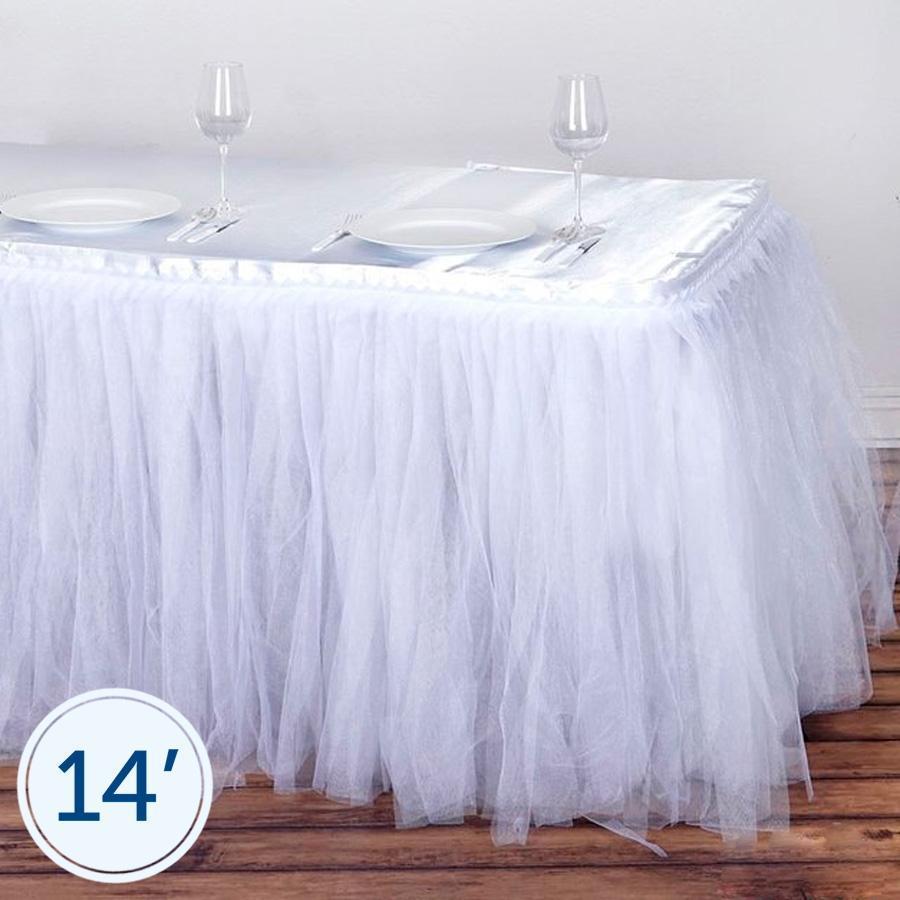 14 feet x 29" White Tutu Table Skirt with Two Layers Tulle