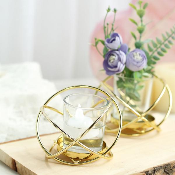 3 Gold 3 in tall Geometric Metal Round Votive Candle Holders Flower Vases