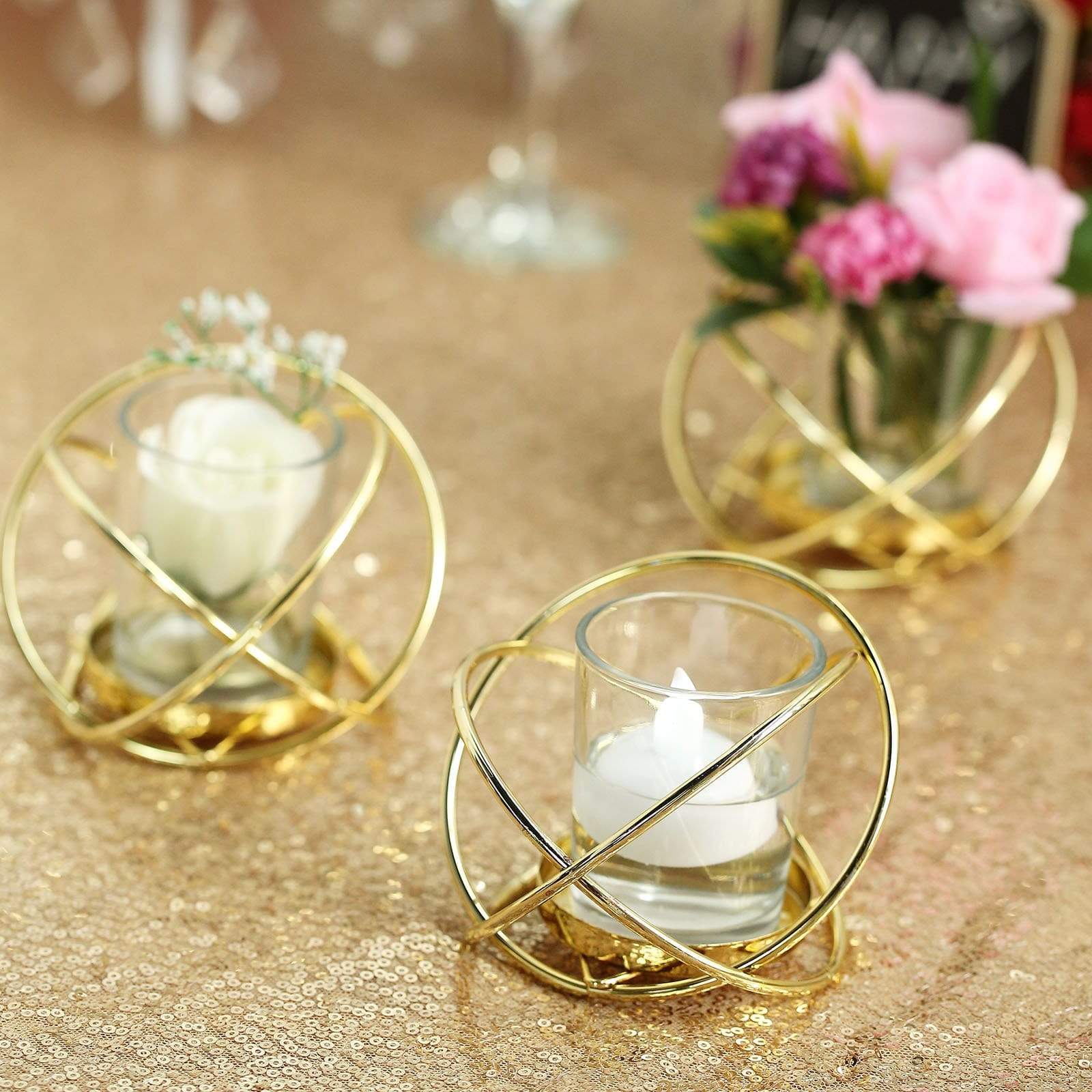 3 Gold 3 in tall Geometric Metal Round Votive Candle Holders Flower Vases