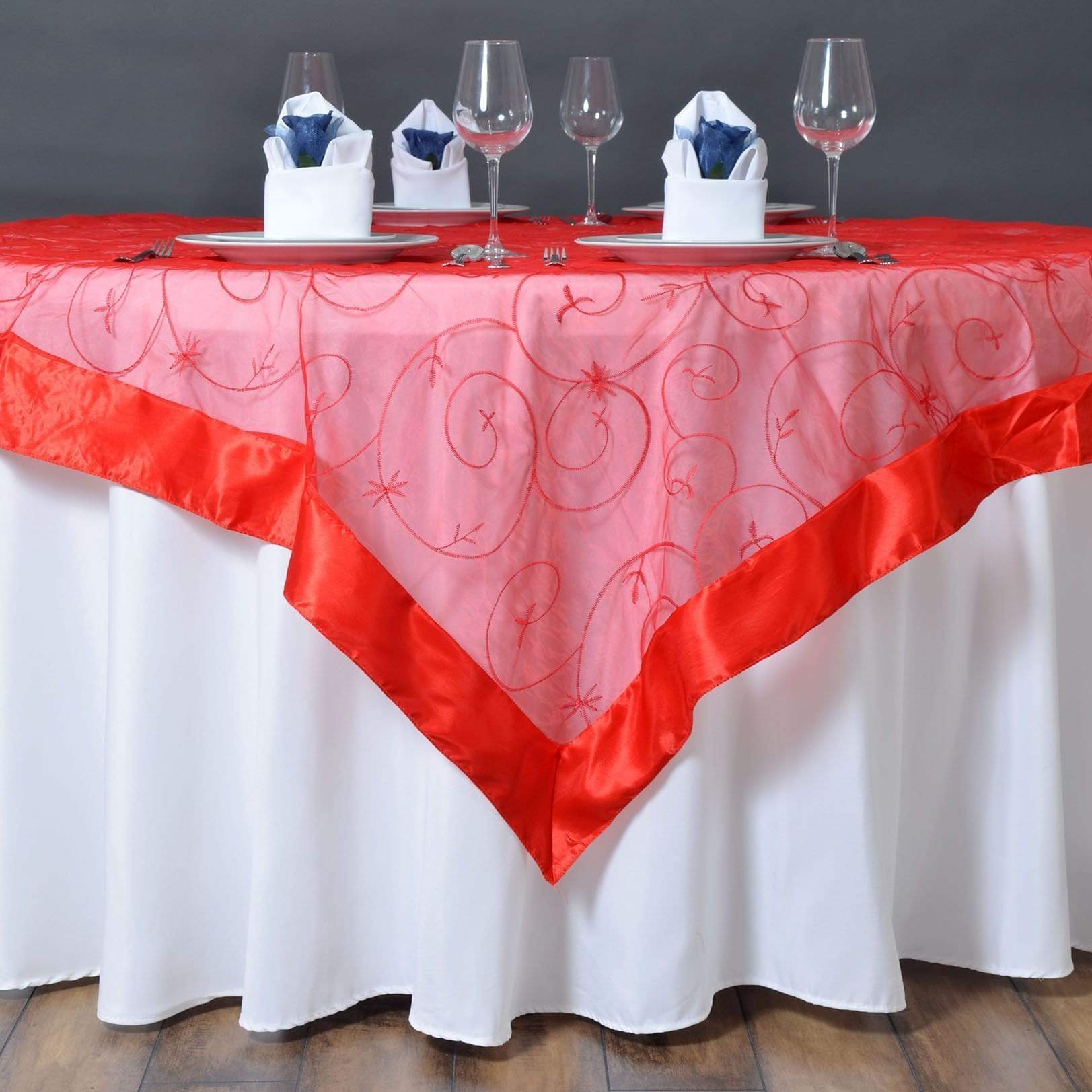 60 inch Red Embroidered Organza Overlay