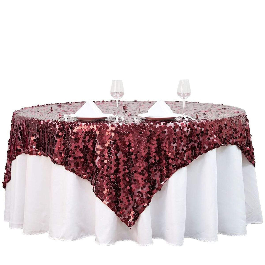 72 inch Burgundy Big Payette Sequin Square Table Overlay