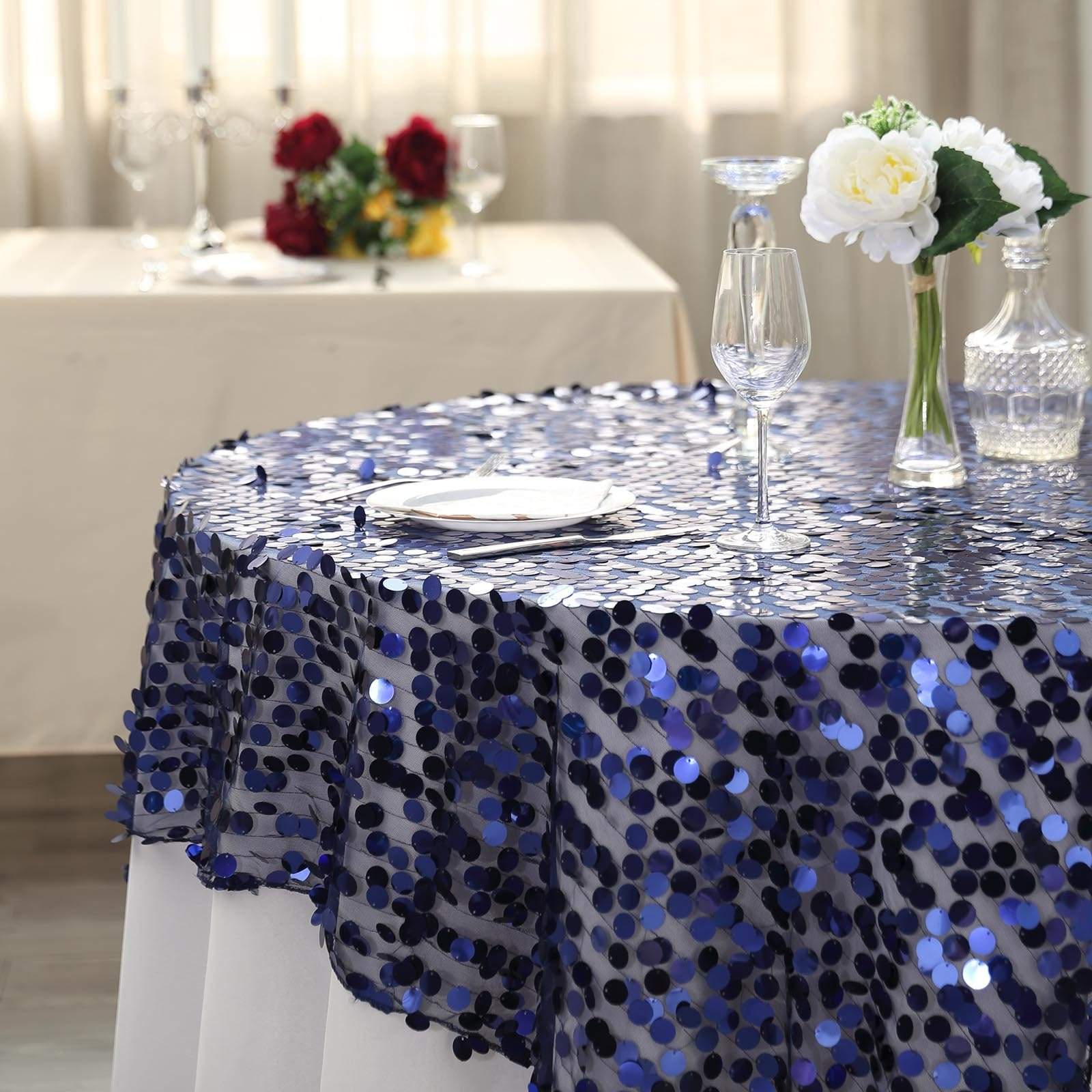 72 inch Navy Blue Big Payette Sequin Square Table Overlay