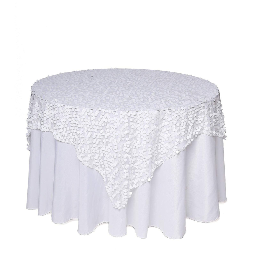 72 inch White Big Payette Sequin Square Table Overlay