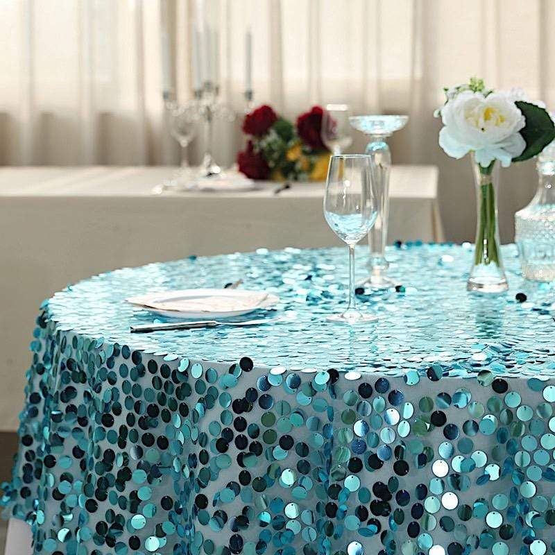72 inch Turquoise Big Payette Sequin Square Table Overlay