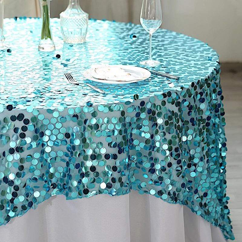 72 inch Turquoise Big Payette Sequin Square Table Overlay