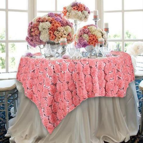 72" Square TABLE OVERLAY Satin Ribbon Roses on Lace Designer Wedding  Party Linen