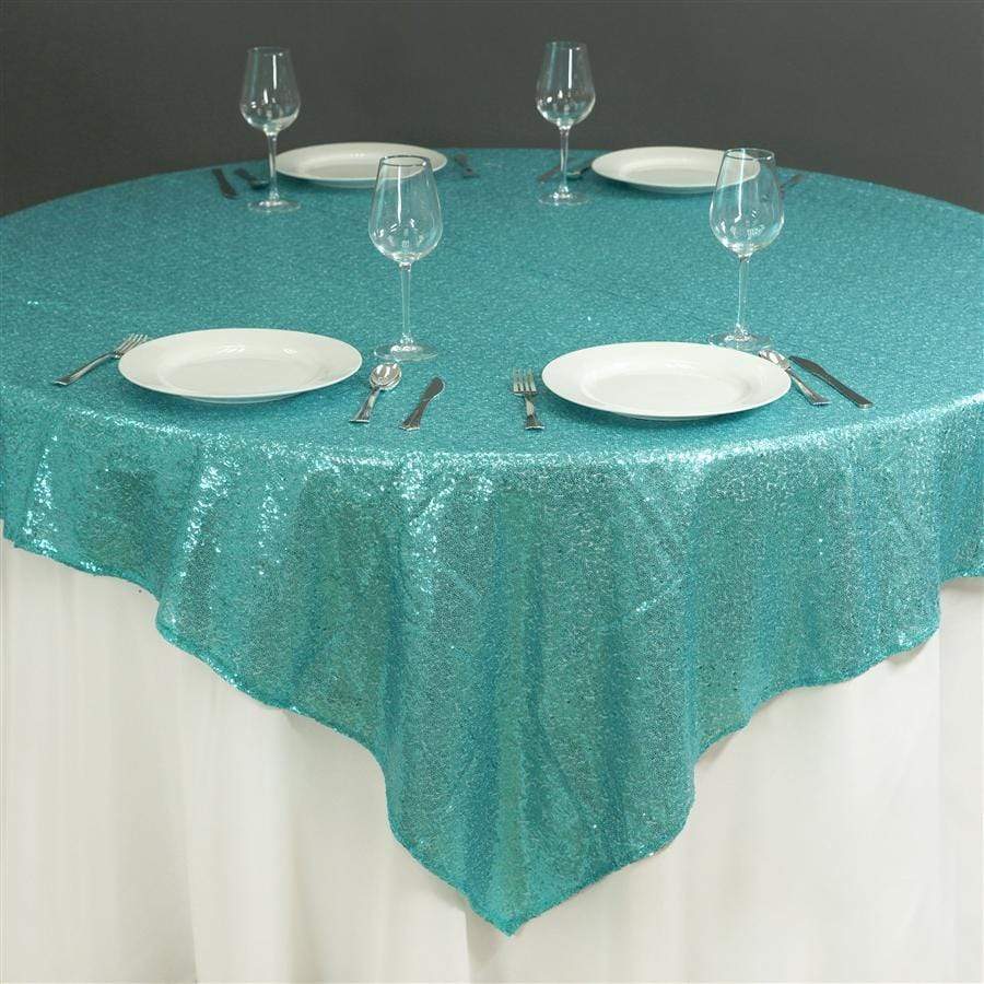 72 inch Turquoise Sequin Square Table Overlay