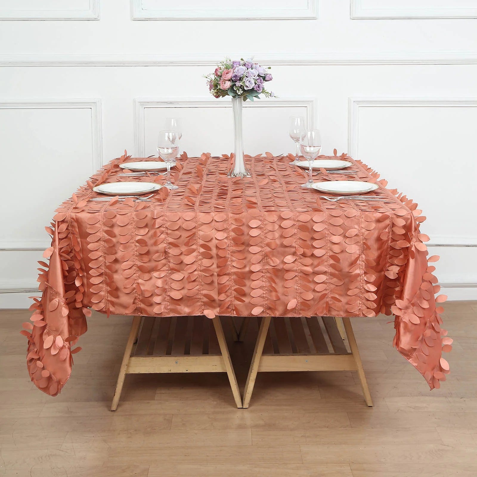 72x72 in Taffeta Square Table Overlay with 3D Leaves Petals Design