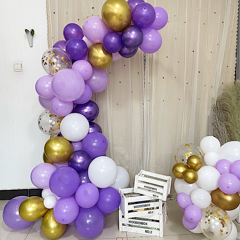 121 Balloons Purple White Gold Clear Wedding Garland Arch Decorations Tools Kit Set