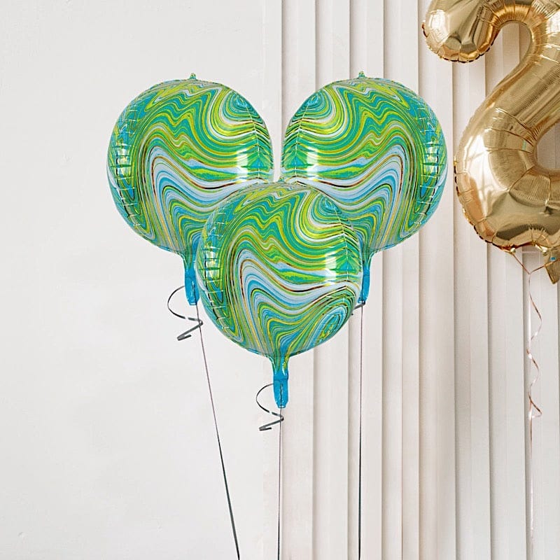 3 pcs 13 in wide Marble 4D Round Orbz Mylar Foil Balloons
