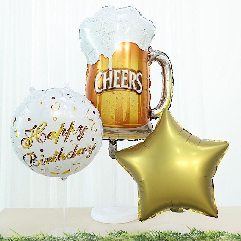 5 Gold and White Round Beer Mug and Stars Happy Birthday Mylar Foil Balloons Set