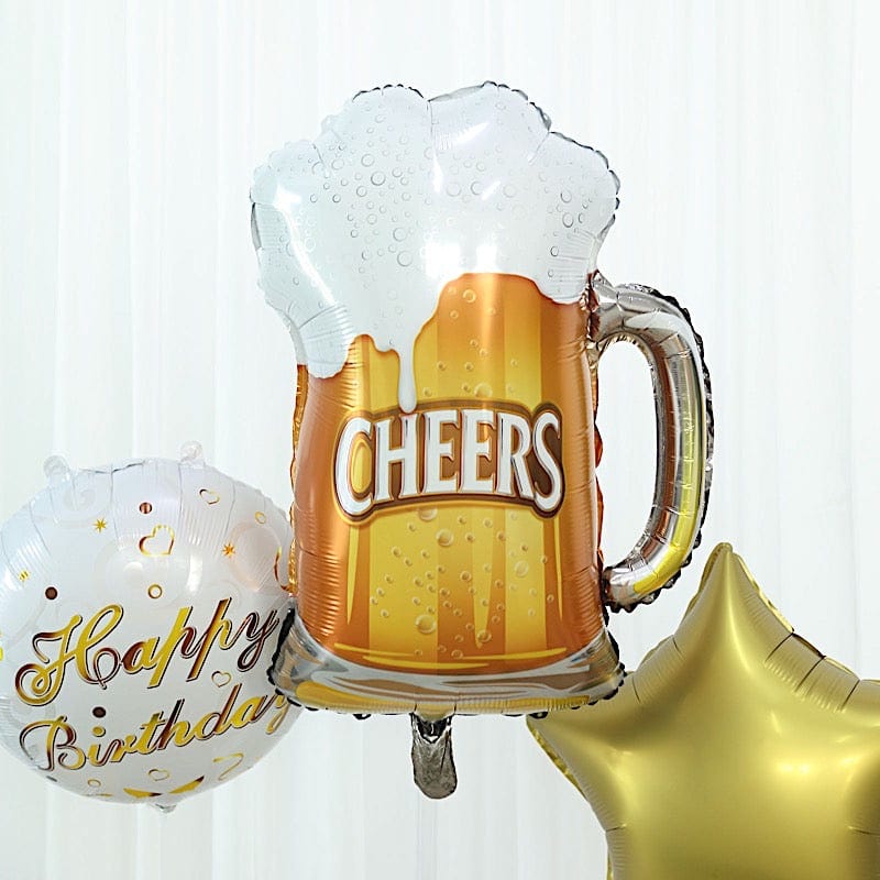 5 Gold and White Round Beer Mug and Stars Happy Birthday Mylar Foil Balloons Set