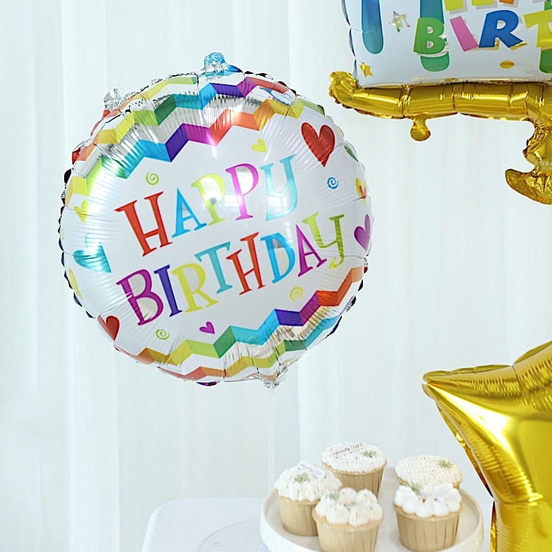 5 Gold and White Round Cake and Stars Happy Birthday Mylar Foil Balloons Set