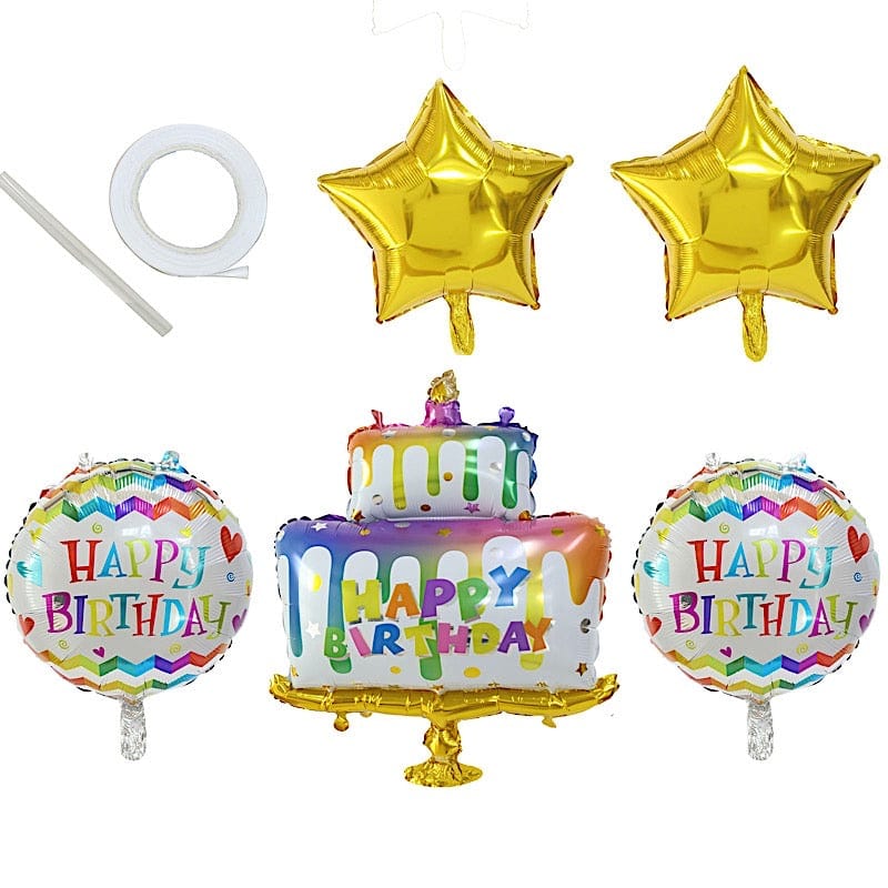 5 Gold and White Round Cake and Stars Happy Birthday Mylar Foil Balloons Set