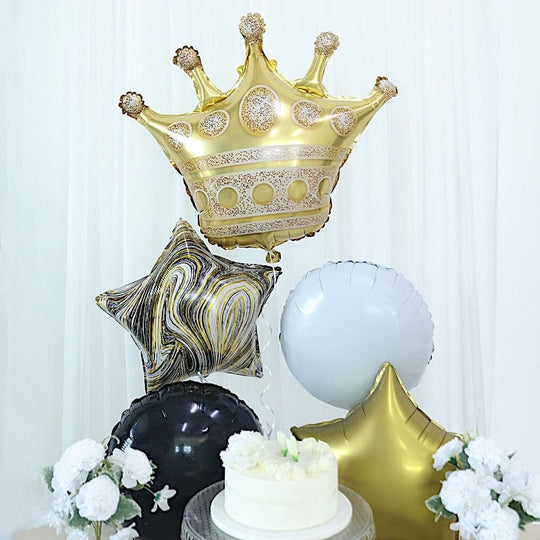 6 Gold Black White Round Crown and Stars Mylar Foil Balloons Set