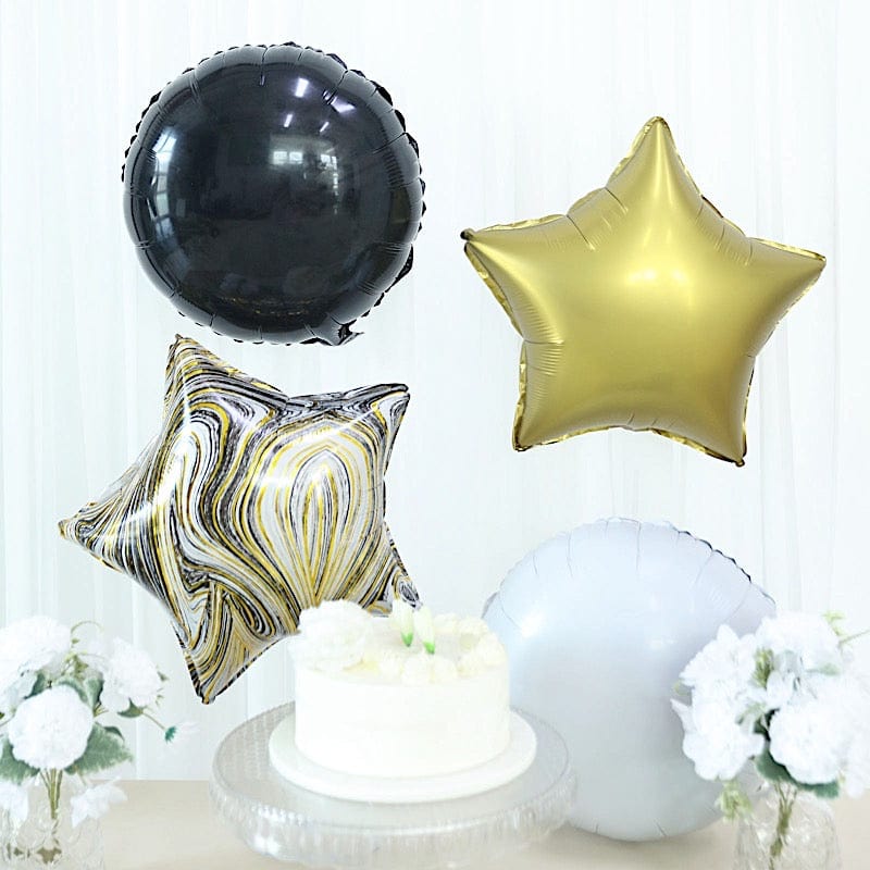 6 Gold Black White Round Crown and Stars Mylar Foil Balloons Set