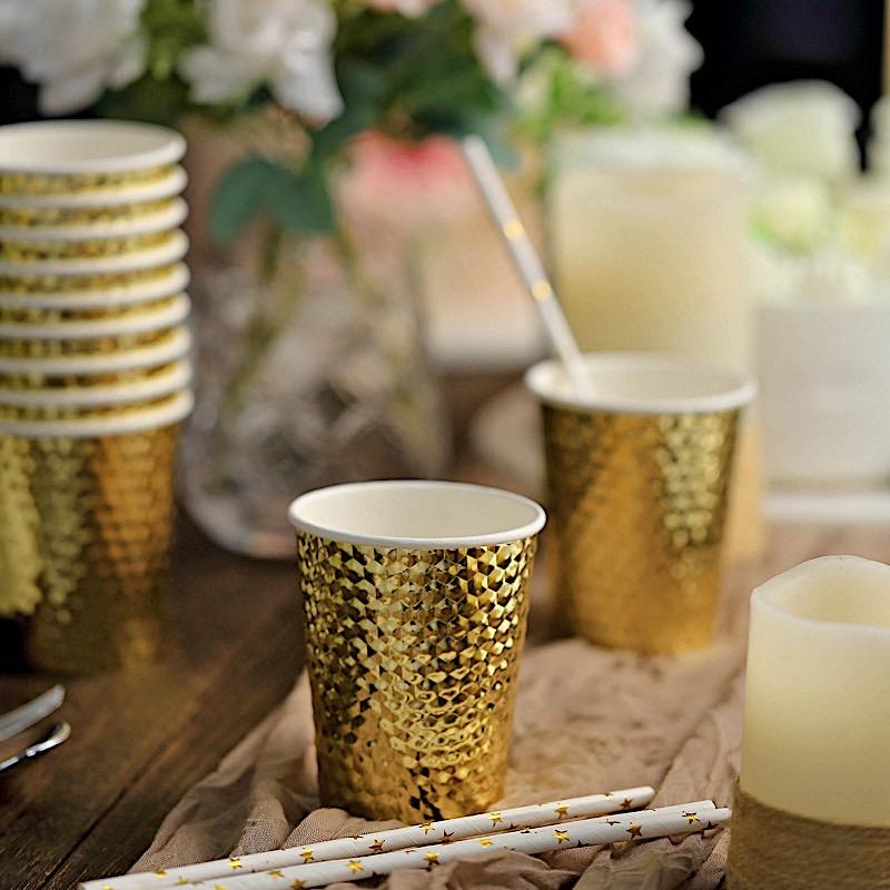 24 Gold 9 oz Metallic Honeycomb All Purpose Disposable Paper Drinking Cups