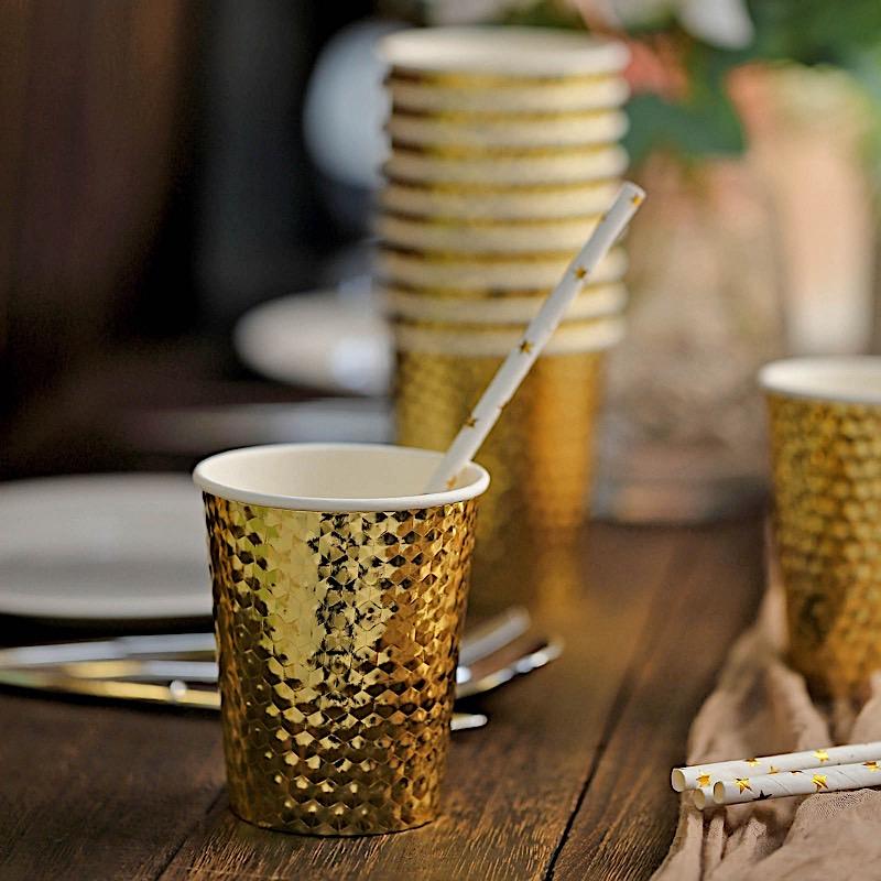 24 Gold 9 oz Metallic Honeycomb All Purpose Disposable Paper Drinking Cups