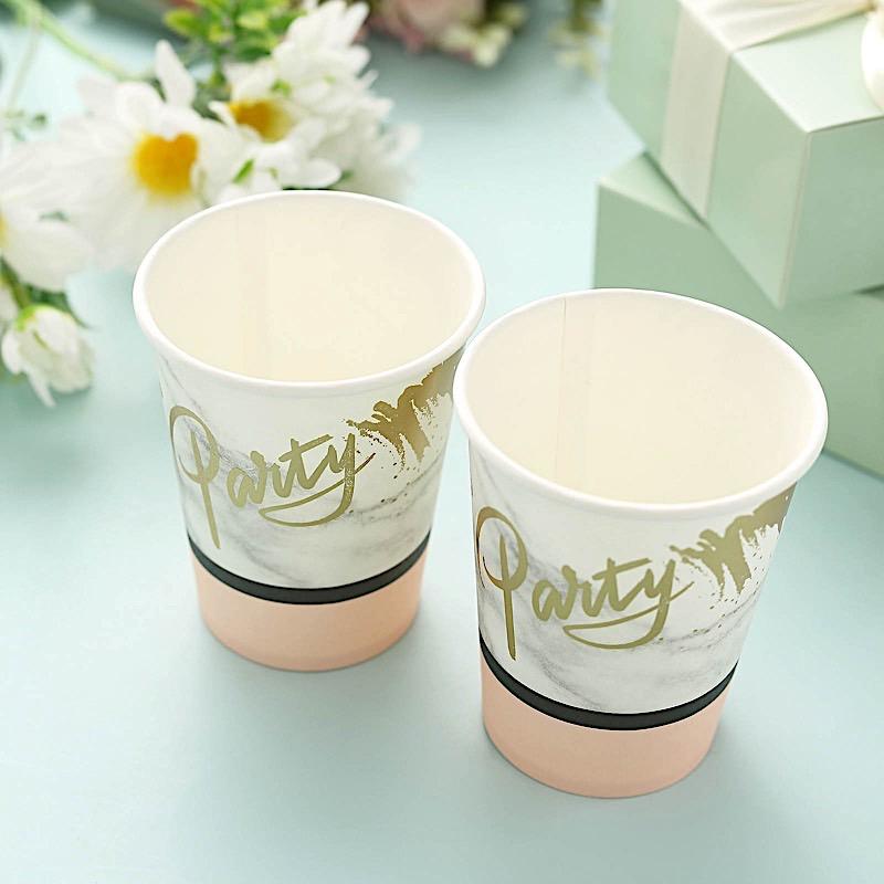 24 White with Blush 9 oz Marble All Purpose Disposable Paper Drinking Cups