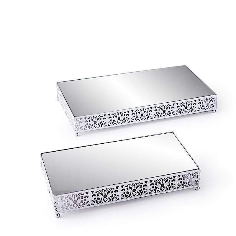 2 Metal with Mirror Glass Fleur De Lis Rectangle Cake Stands