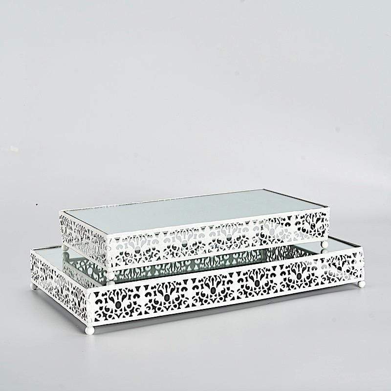 2 Metal with Mirror Glass Fleur De Lis Rectangle Cake Stands