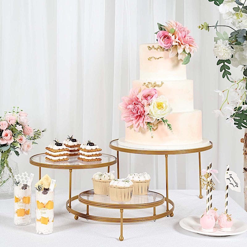 23 in Gold 3 Tier Round Metal Cake Dessert Stand with Clear Acrylic Plates