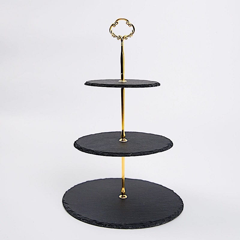 15 in 3 Tier Black with Gold Round Stone Plates Cupcake Dessert Stand