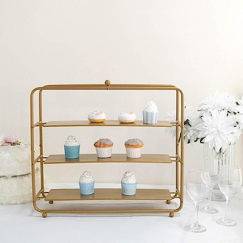 19 in tall Gold 3 Tier Metal Square Cupcake Holder Dessert Display Stand