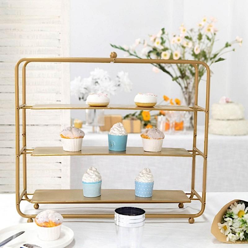 19 in tall Gold 3 Tier Metal Square Cupcake Holder Dessert Display Stand
