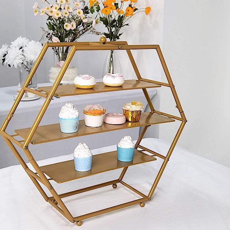 21 in tall Gold 3 Tier Metal Hexagonal Cupcake Holder Dessert Display Stand