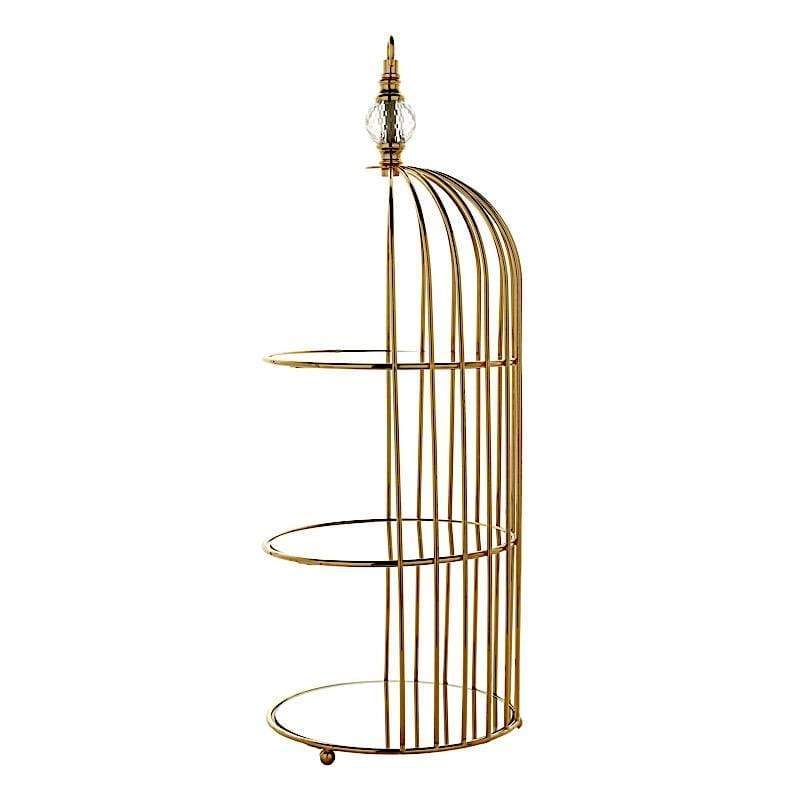 22 in tall 3 Tier Gold Metal with Mirror Glass Hanging Bird Cage Dessert Cupcake Stand