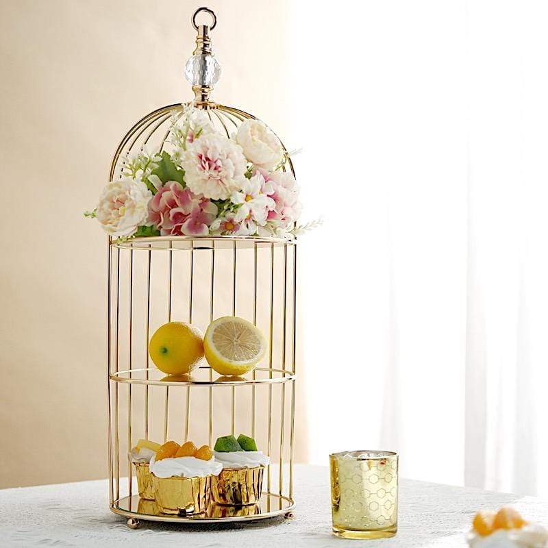 22 in tall 3 Tier Gold Metal with Mirror Glass Hanging Bird Cage Dessert Cupcake Stand