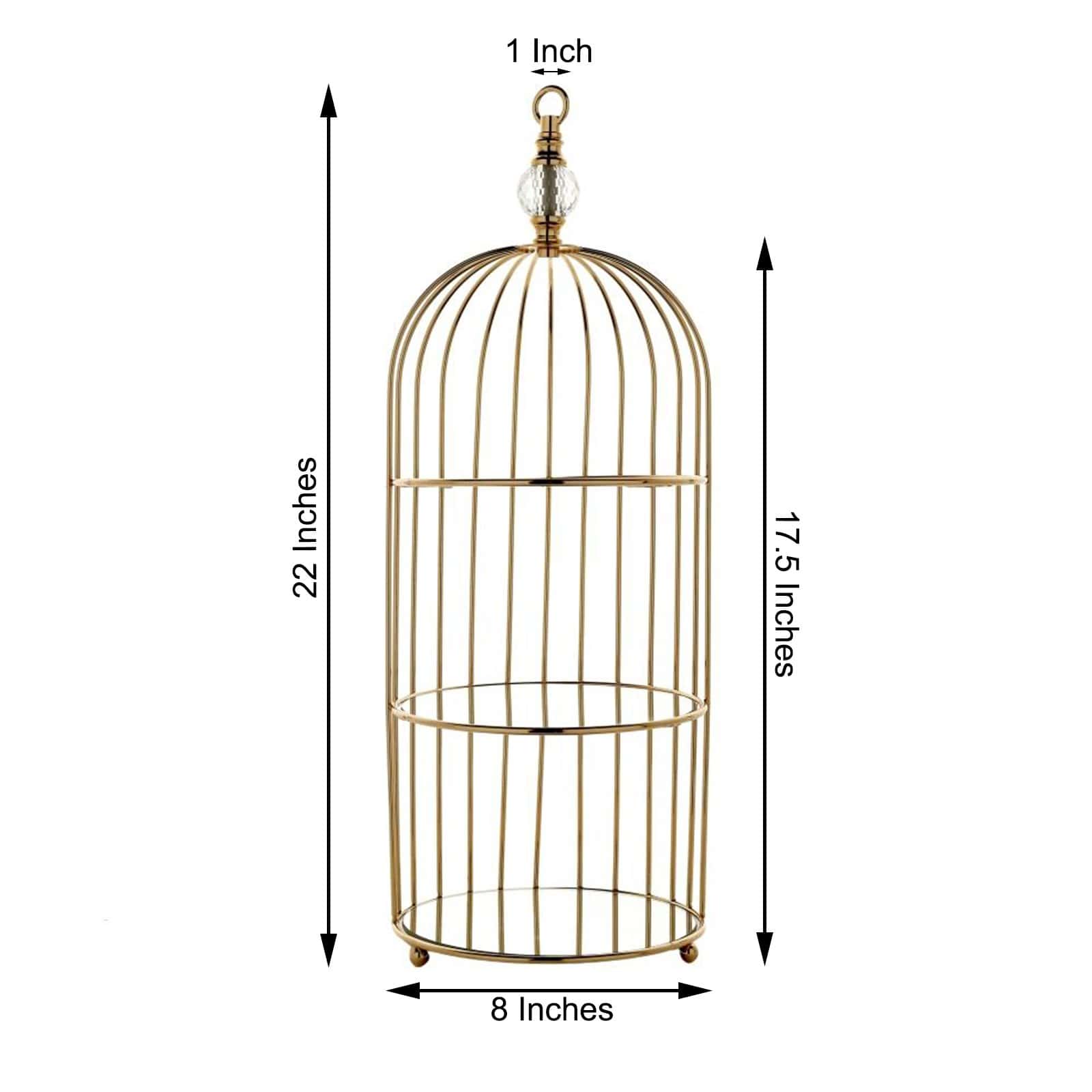 22 in tall 3 Tier Gold Metal with Mirror Glass Hanging Bird Cage Dessert Cupcake Stand