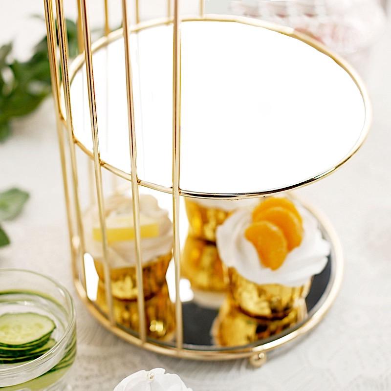 22 in tall 3 Tier Gold Metal with Mirror Glass Hanging Bird Cage Dessert Cupcake Stand