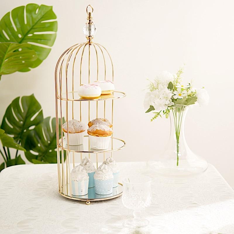 22 in tall 3 Tier Gold Metal with Mirror Glass Hanging Bird Cage Dessert Cupcake Stand